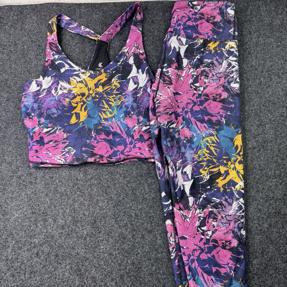 Kyodan Womens M Floral Sports Bra Leggings Set Purple Pink Workout Yoga Outfit